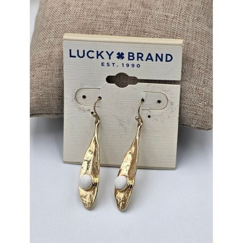 Lucky Brand Hammered Gold Tone White Stone Petal Drop Earrings French Hook NEW
